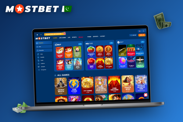 Laptop showing a demo-mode slot game at Mostbet online casino on a neutral desk